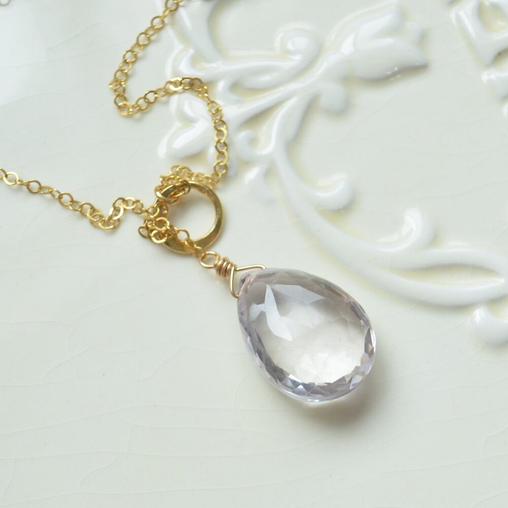 Pink Amethyst Lariat Necklace in Gold - Handmade
